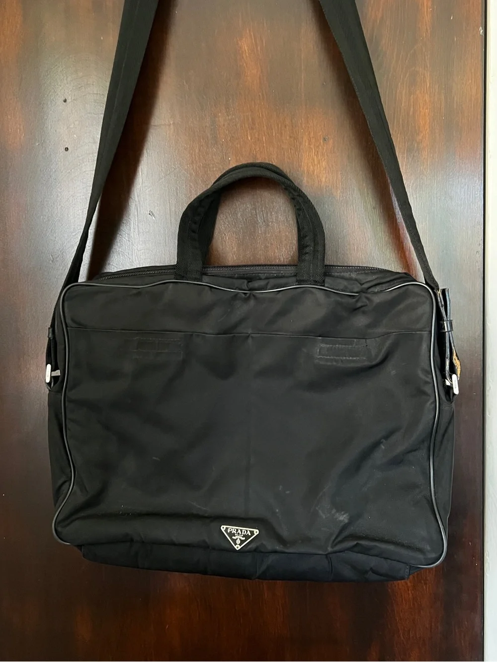 Prada Black Nylon Laptop Briefcase with Top Handles and Shoulder Strap